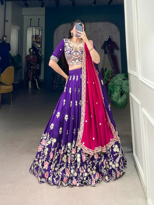 Purple Colour Party Wear Designer Vichitra Silk Sequins & Thread Embroidery Work Lehenga Choli