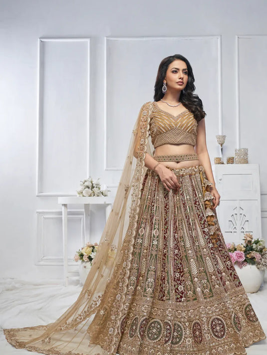 Golden Soft Net Lehenga with Paisley Zari Embroidery & Floral Dupatta