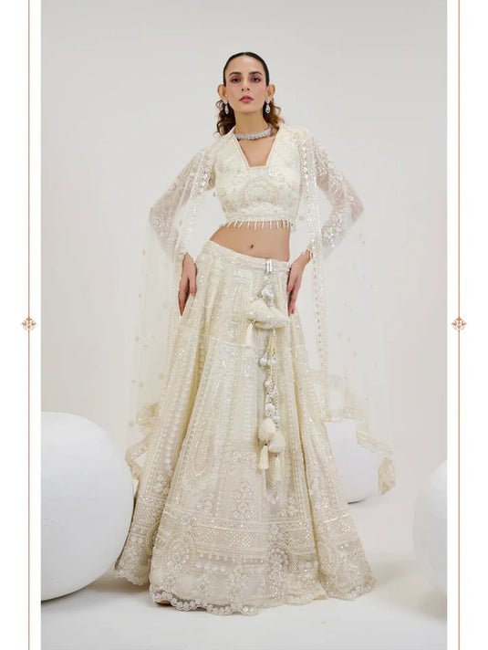 Ivory Net Lehenga with Hand-Embroidered Blouse & Beaded Dupatta