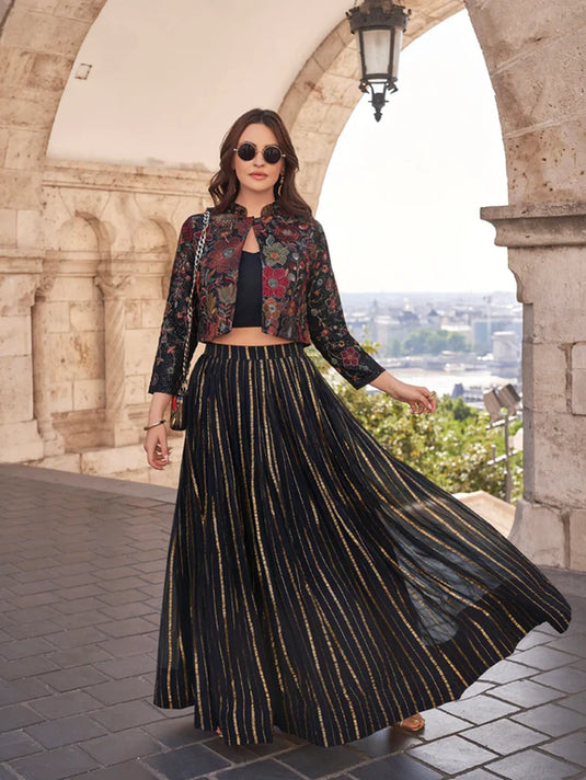 Midnight Black Gold Striped Lehenga with Embroidered Jacket