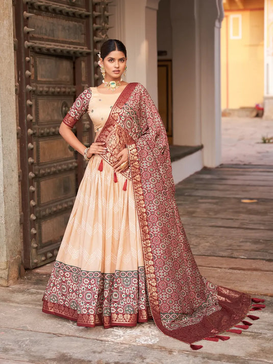 Women's Designer Party Wea Tussar Silk With Ajrakh Print Lehenga Choli