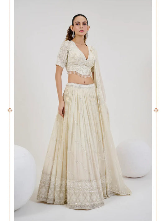 Ivory Georgette Bridal Lehenga with Hand Embroidery and Dupatta