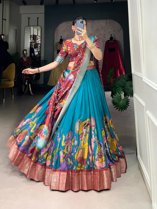 Firozi Dola Silk Floral Print Lehenga Choli