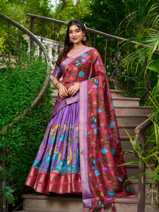 Garba Special Kalamkari Print With Zari Weaving Border Lehenga Choli