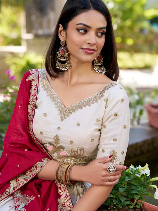 Off white Colour Party Wear Designer Tussar Silk Floral Print With Lace Touch Work Lehenga Choli