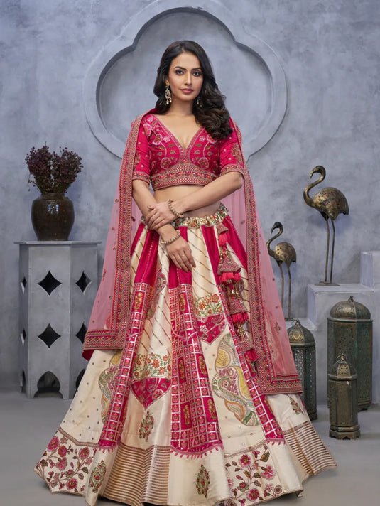 Ivory Organza Silk Lehenga with Red Paisley Motifs & Pink Net Dupatta