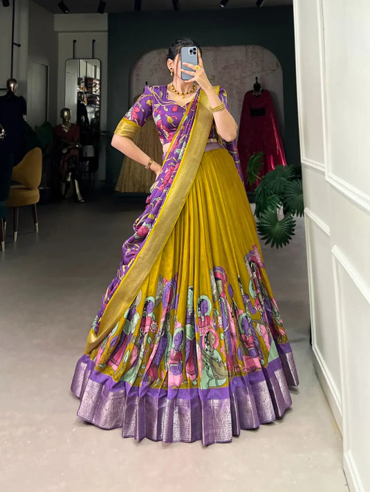 Mustard Dola Silk Floral Print Lehenga Choli