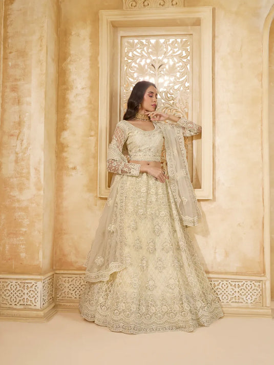 Ivory Net Embroidered Lehenga with Stone & Cording Work