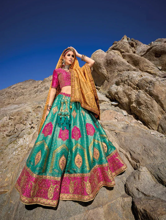Elegant Teal and Pink Banarasi Silk Jacquard Lehenga with Dyeable Gajji Satin Blouse and Georgette Viscose Dupatta