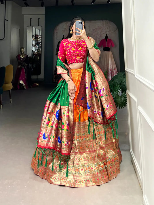 Orange Paithani Silk Lehenga Choli