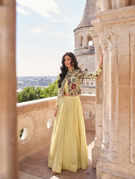 Lime Yellow Embroidered Lehenga with Floral Jacket Set