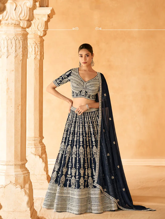 Midnight Blue Embroidered Crop Top and Skirt Lehenga Set