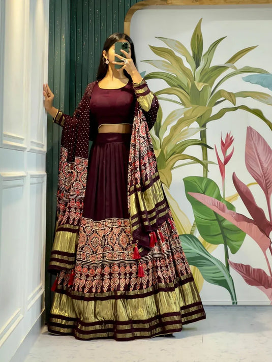 Beautiful Designer Pure Modal Gajji Silk Ajrakh Handblock Print Chaniya Choli