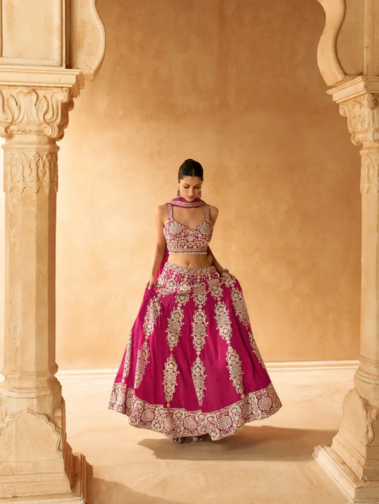 Magenta Pink Embroidered Crop Top and Skirt Lehenga Set