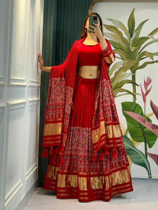 Beautiful Designer Pure Modal Gajji Silk Ajrakh Handblock Print Chaniya Choli
