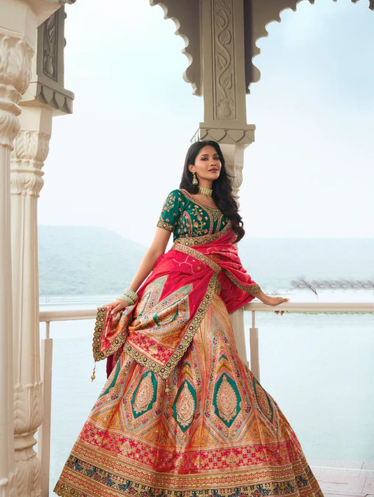 Golden Banarasi Silk Bridal Lehenga with Red and Green Accents
