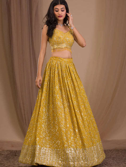 Sequence Work Georgette Haldi Special Designer Yellow Lehenga Choli