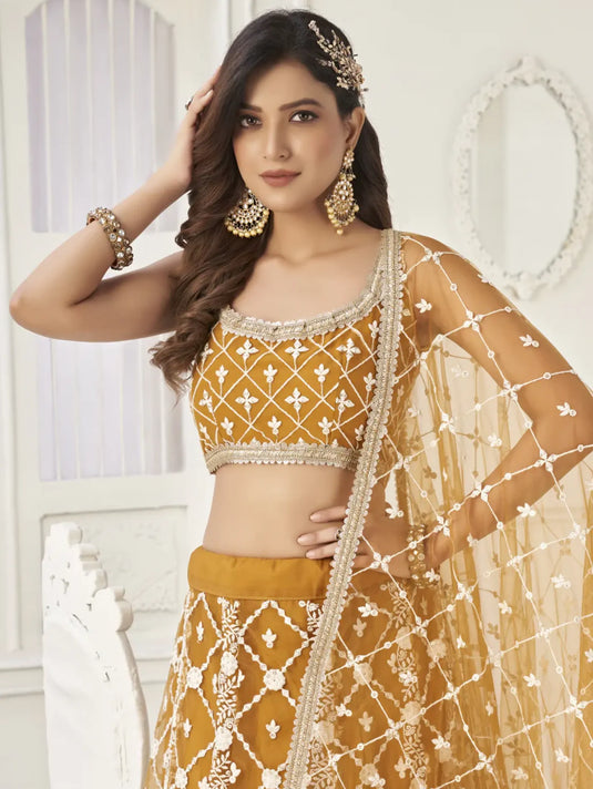 Sequence Embroidery Work Soft Net Haldi Special Lehenga Choli