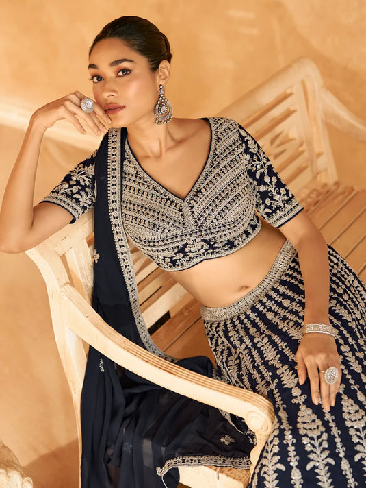 Midnight Blue Embroidered Crop Top and Skirt Lehenga Set