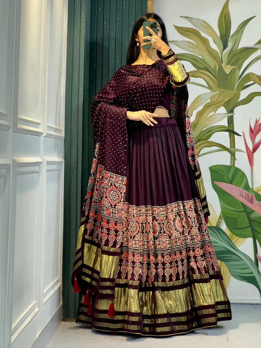 Beautiful Designer Pure Modal Gajji Silk Ajrakh Handblock Print Chaniya Choli