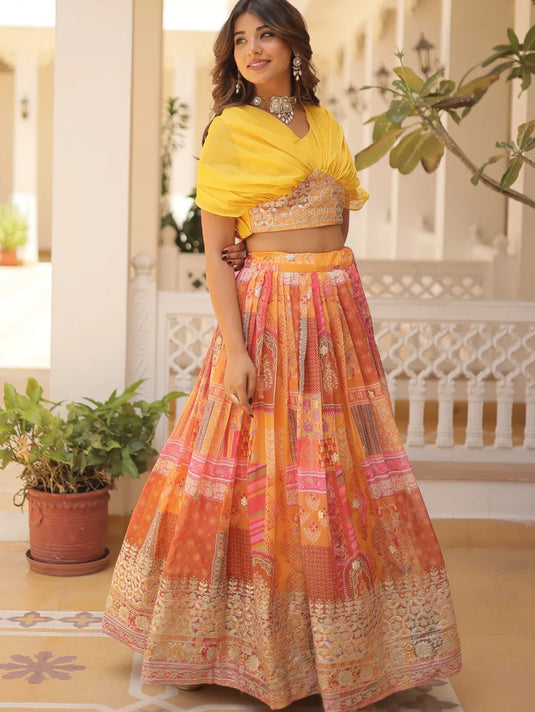 Foil Work Silk Digital Printed Haldi Special Yellow Crop Top Lehenga