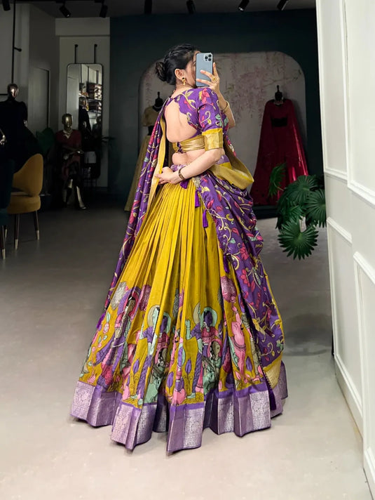 Mustard Dola Silk Floral Print Lehenga Choli
