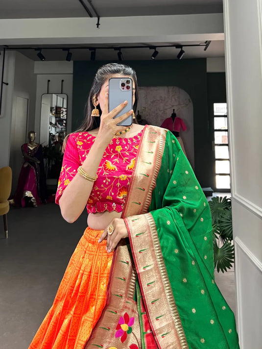 Orange Paithani Silk Lehenga Choli