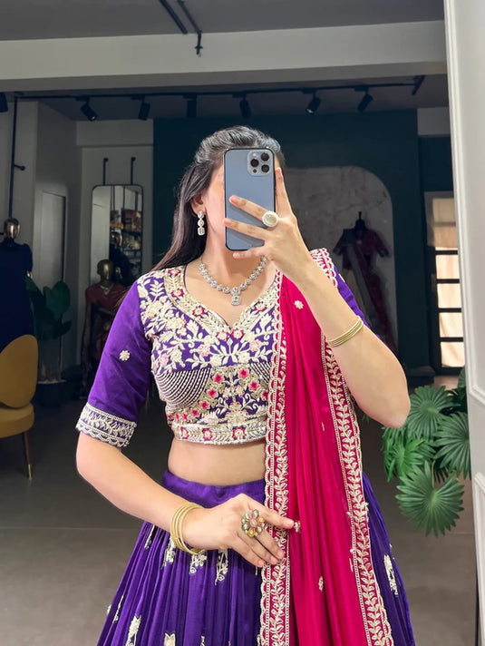 Purple Colour Party Wear Designer Vichitra Silk Sequins & Thread Embroidery Work Lehenga Choli