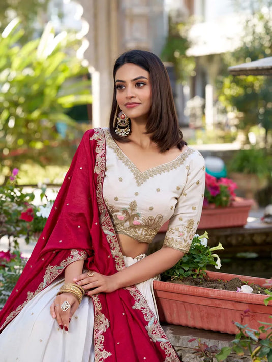 Off white Colour Party Wear Designer Tussar Silk Floral Print With Lace Touch Work Lehenga Choli