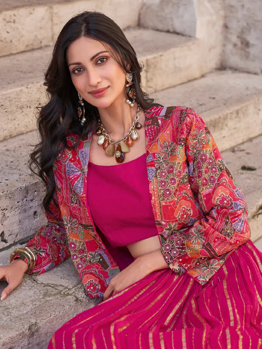Magenta Pink Embroidered Lehenga with Ethnic Jacket