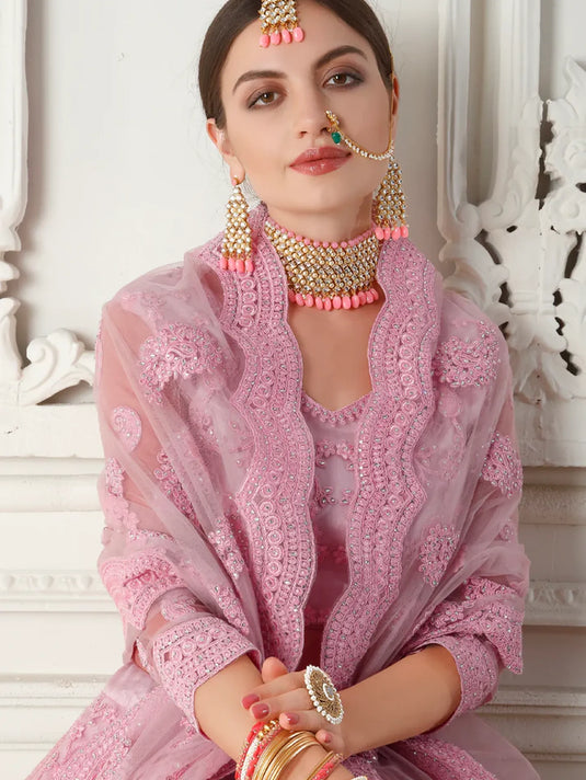 Dusty Pink Net Bridal Lehenga with Cording Embroidery & Stone Work