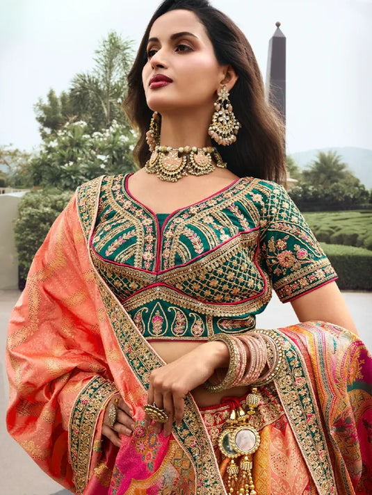 Orange and Green Banarasi Silk Bridal Lehenga with Zarkan Codding