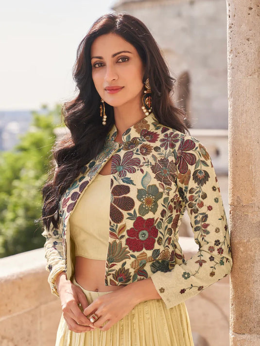 Lime Yellow Embroidered Lehenga with Floral Jacket Set