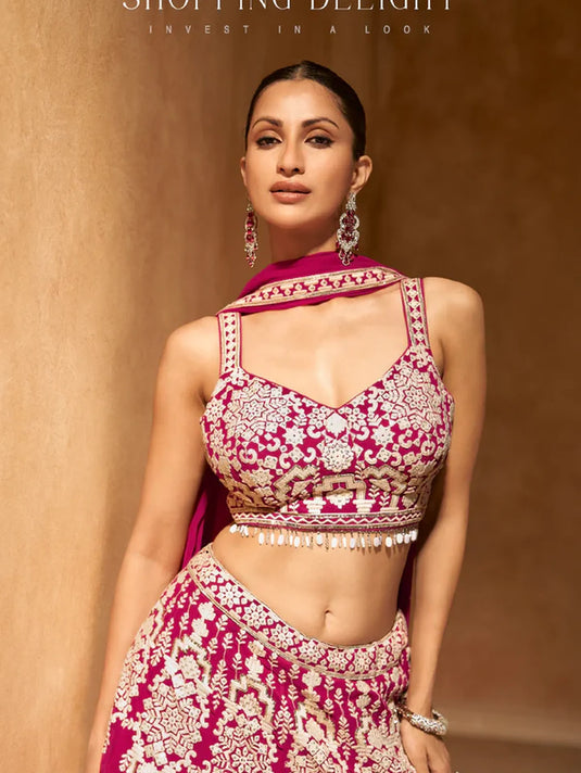 Magenta Pink Embroidered Crop Top and Skirt Lehenga Set