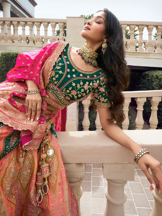 Multicolor Banarasi Silk Lehenga with Zarkan Work for Weddings