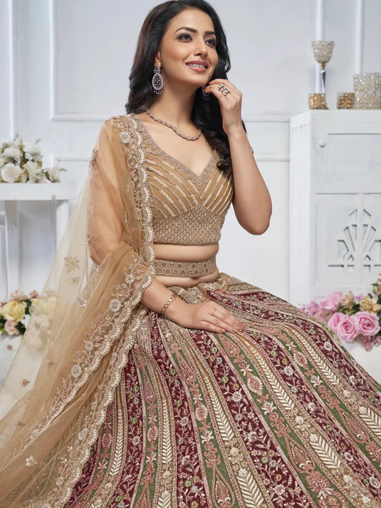 Golden Soft Net Lehenga with Paisley Zari Embroidery & Floral Dupatta