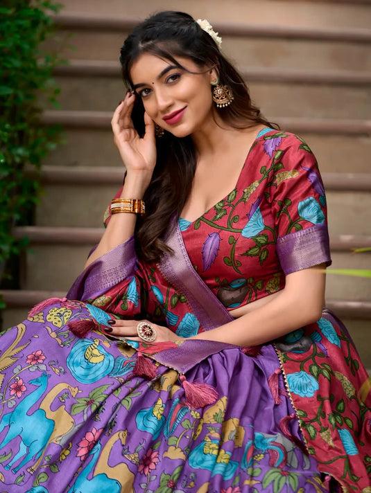 Garba Special Kalamkari Print With Zari Weaving Border Lehenga Choli