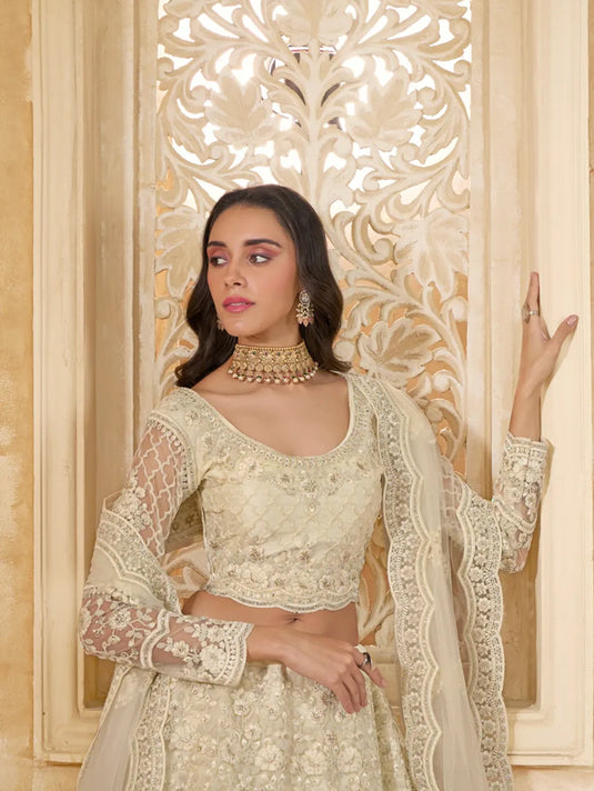 Ivory Net Embroidered Lehenga with Stone & Cording Work
