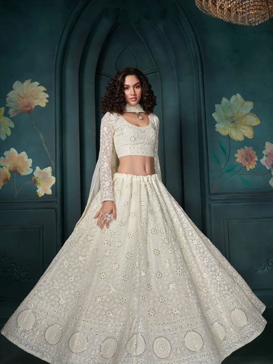 Off-White Georgette Lehenga with Thread, Sequins & Cording Embroidery