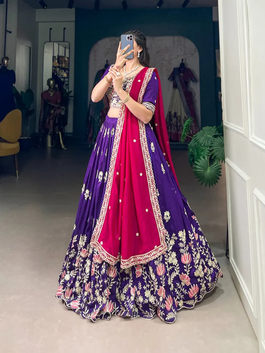 Purple Colour Party Wear Designer Vichitra Silk Sequins & Thread Embroidery Work Lehenga Choli
