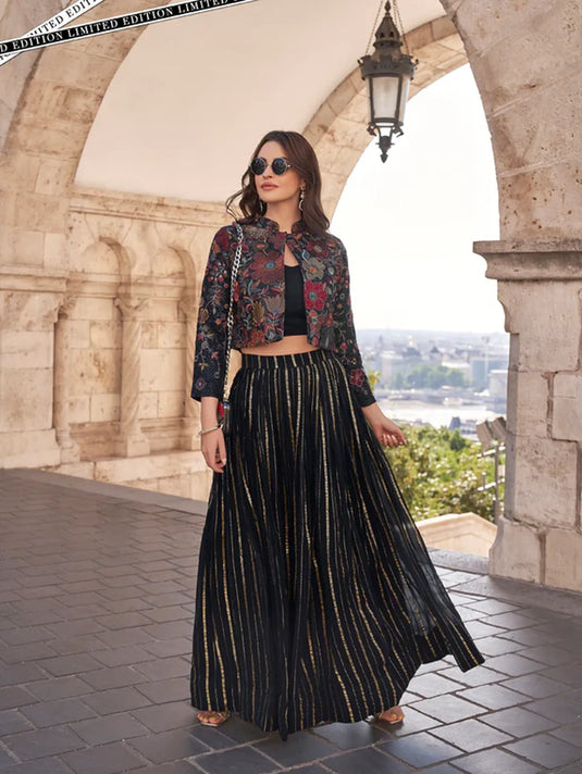 Midnight Black Gold Striped Lehenga with Embroidered Jacket