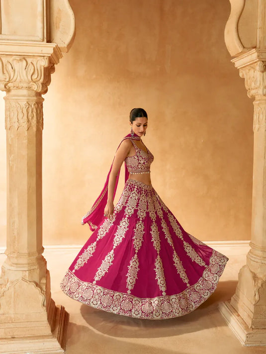Magenta Pink Embroidered Crop Top and Skirt Lehenga Set