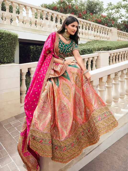 Multicolor Banarasi Silk Lehenga with Zarkan Work for Weddings