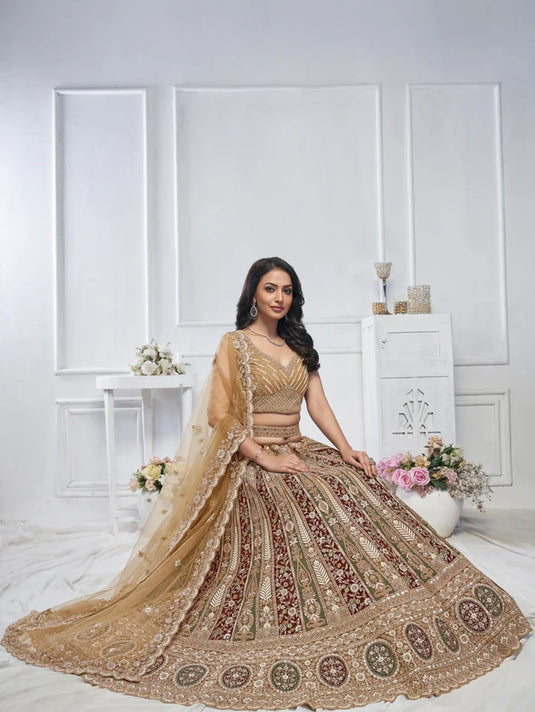 Golden Soft Net Lehenga with Paisley Zari Embroidery & Floral Dupatta