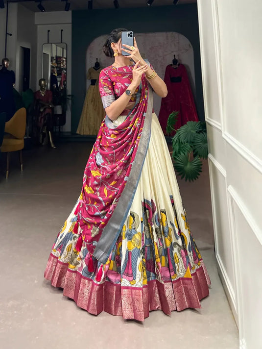 White Dola Silk Floral Print Lehenga Choli