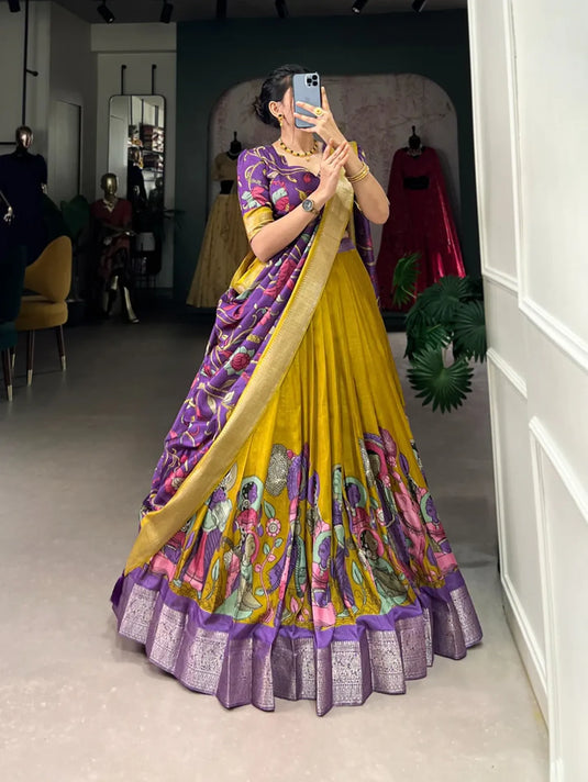 Mustard Dola Silk Floral Print Lehenga Choli