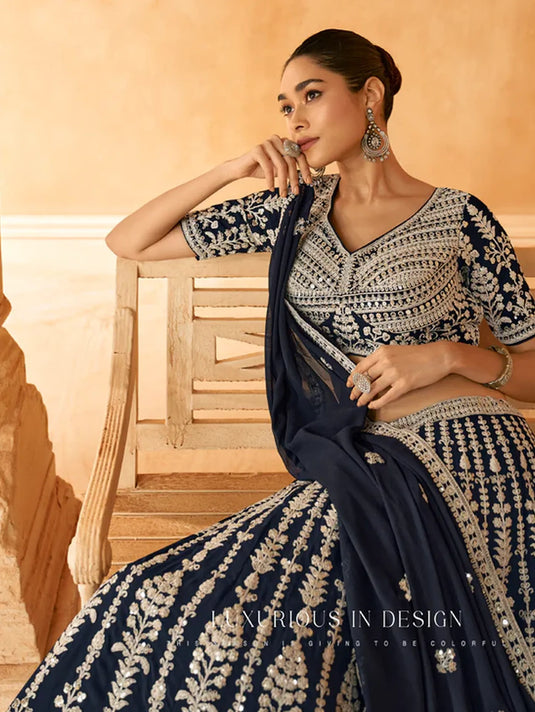 Midnight Blue Embroidered Crop Top and Skirt Lehenga Set