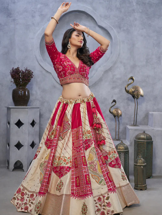 Ivory Organza Silk Lehenga with Red Paisley Motifs & Pink Net Dupatta