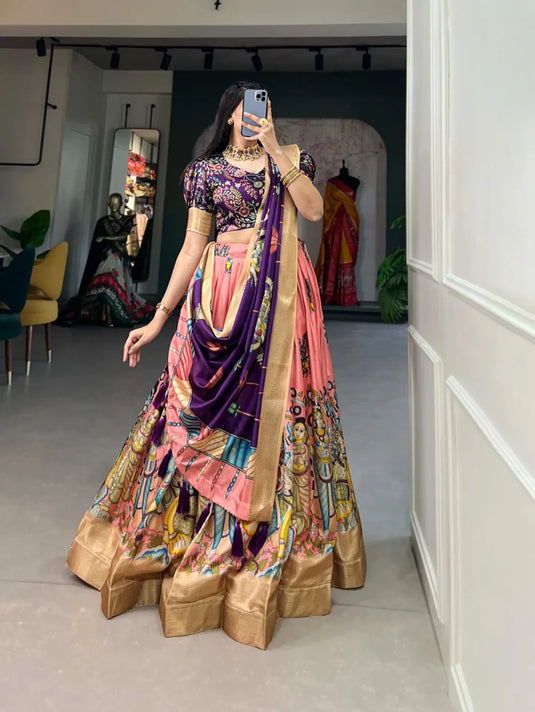 Kalamkari Dola Silk Print With Weaving Border Lehenga Choli