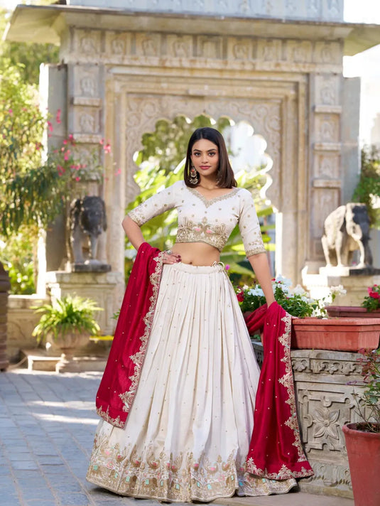 Off white Colour Party Wear Designer Tussar Silk Floral Print With Lace Touch Work Lehenga Choli